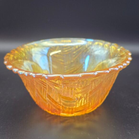 Retro Glass Bowl Marigold Iridescent Basket Weave Pattern Vintage Collectible - Picture 1 of 8